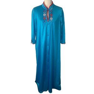 Vintage JCPenney Antron Nylon Long Embroidered Nightgown Robe Set Blue Women M